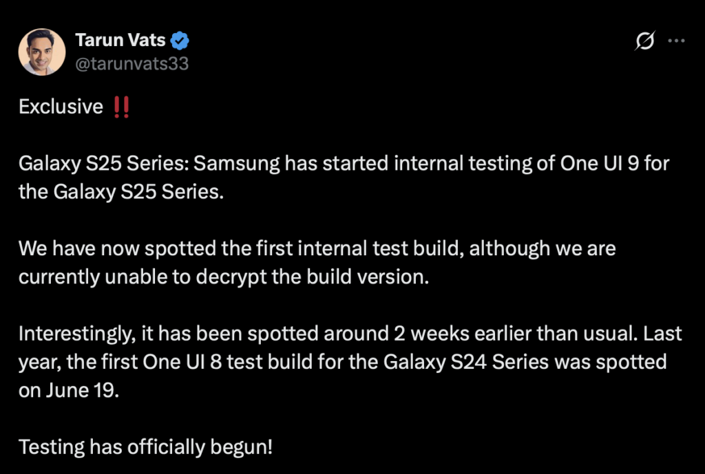 One UI 9 Test Build Surfaces for Galaxy S25, Samsung’s Next Major Update Moves Closer