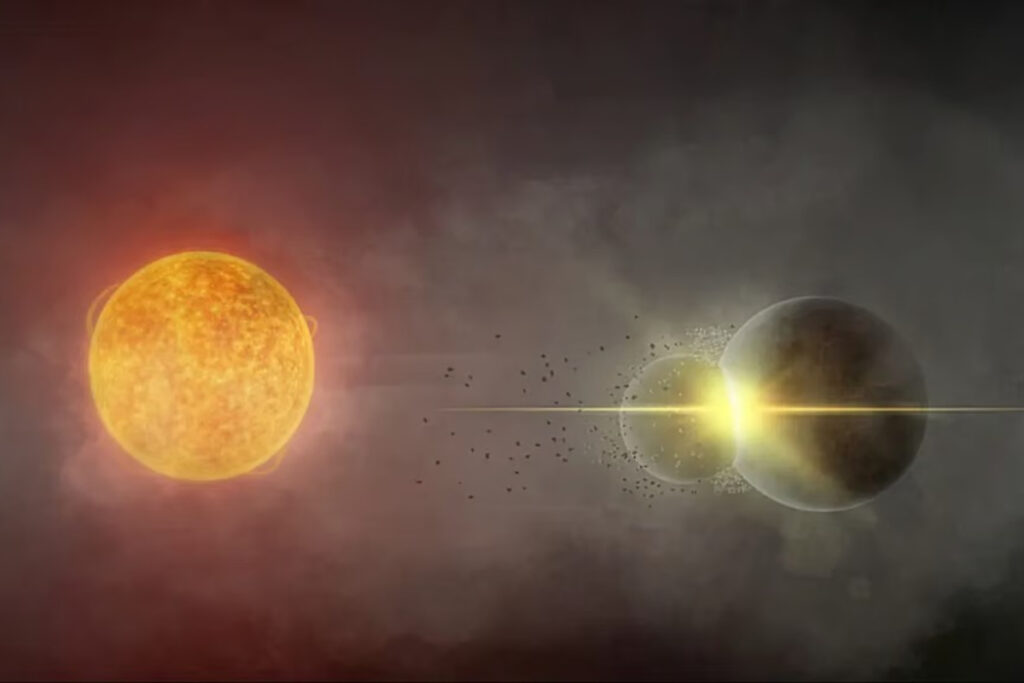 Gaia20ehk’s Hot Dust Signal Points to a Giant Planet Collision