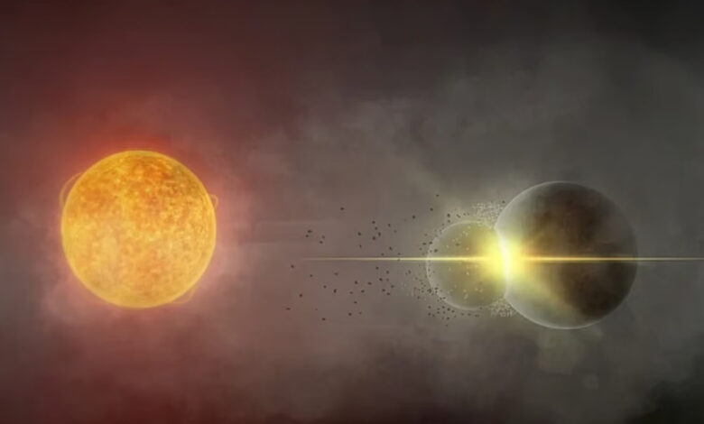 Gaia20ehk’s Hot Dust Signal Points to a Giant Planet Collision