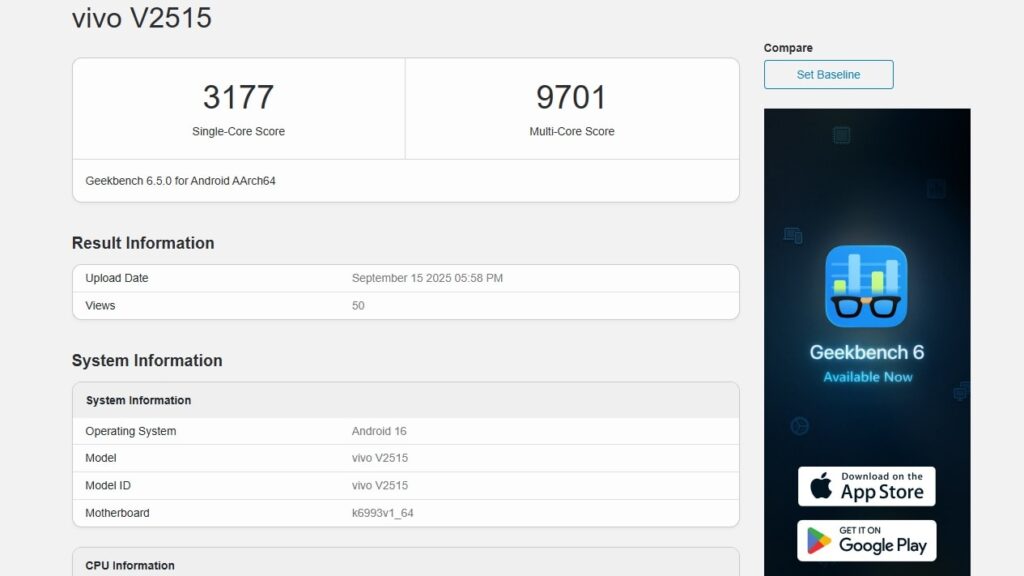 Vivo’s Mystery Geekbench Phone Points to Dimensity 9500 and 100W Charging
